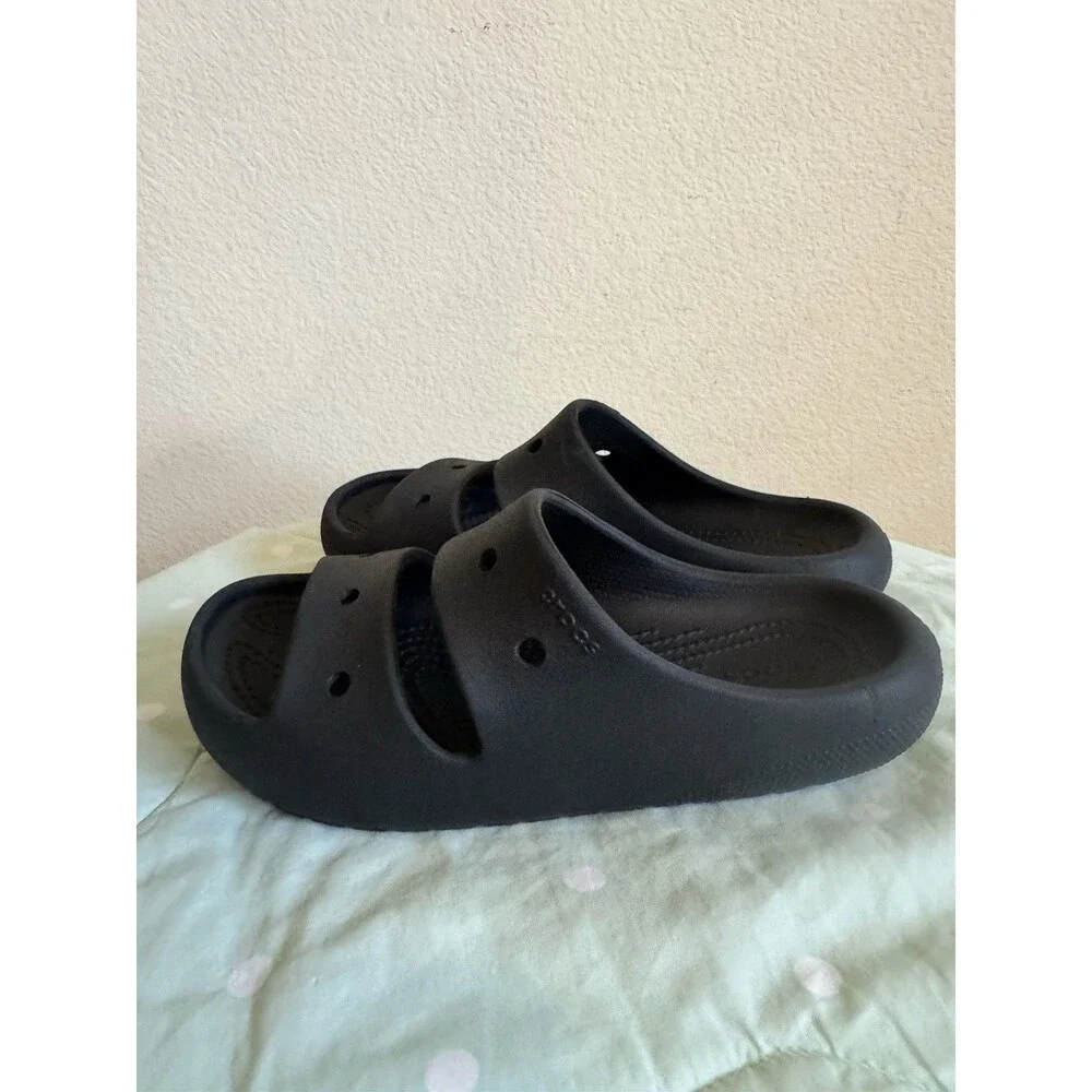Youth Size 2 Crocs Slide Two Strap Black Rubber Sandals J2
